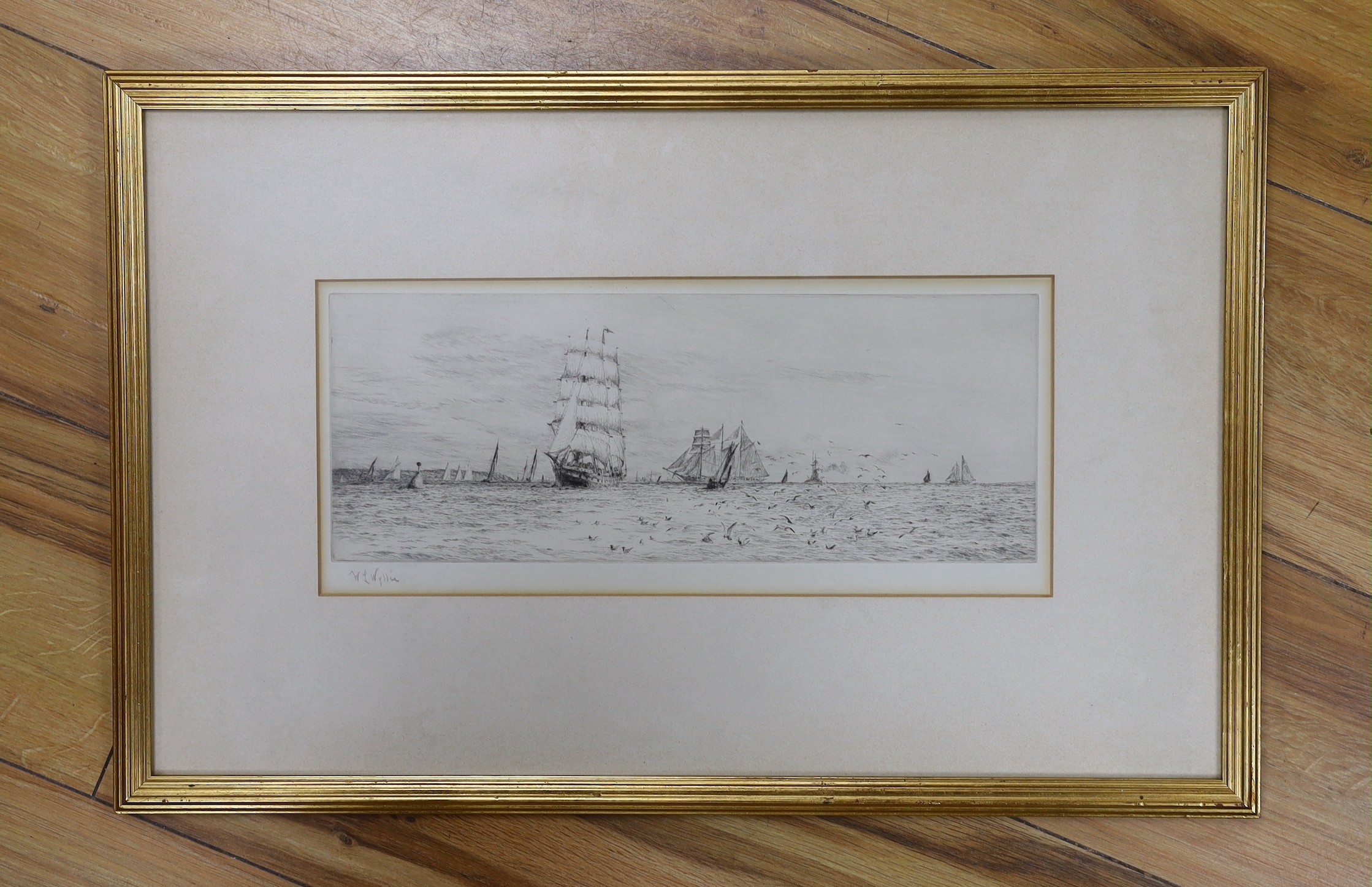 William Lionel Wyllie (1851-1931), drypoint etching, 'Fantome and Sunbeam after Papaluca', signed in pencil, 12 x 33cm